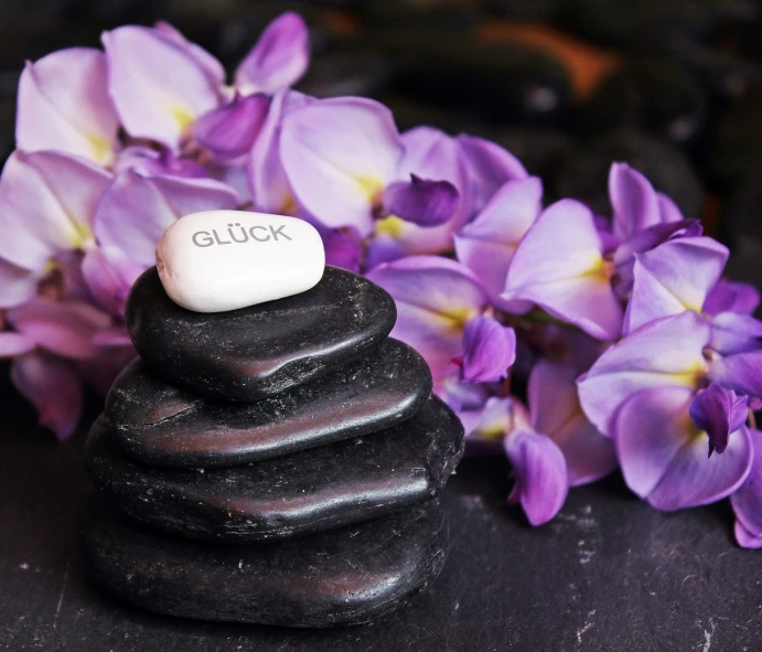 a close up of a stack of rocks with flowers in the background, a picture, romanticism, purple glowing inscription, watch photo, medicine, black
