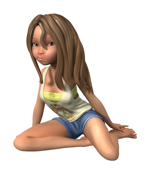 a woman sitting on the ground with her legs crossed, a 3D render, inspired by Goro Fujita, digital art, girl next door innocent look, charicature, fae teenage girl, cute little girl