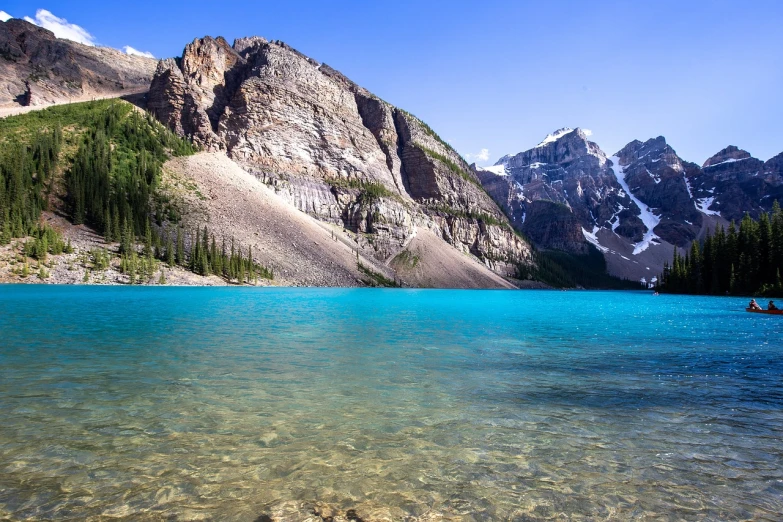 a body of water with a mountain in the background, by Raymond Normand, shutterstock, turquoise water, toronto, vivid colors!, sapphire waters below