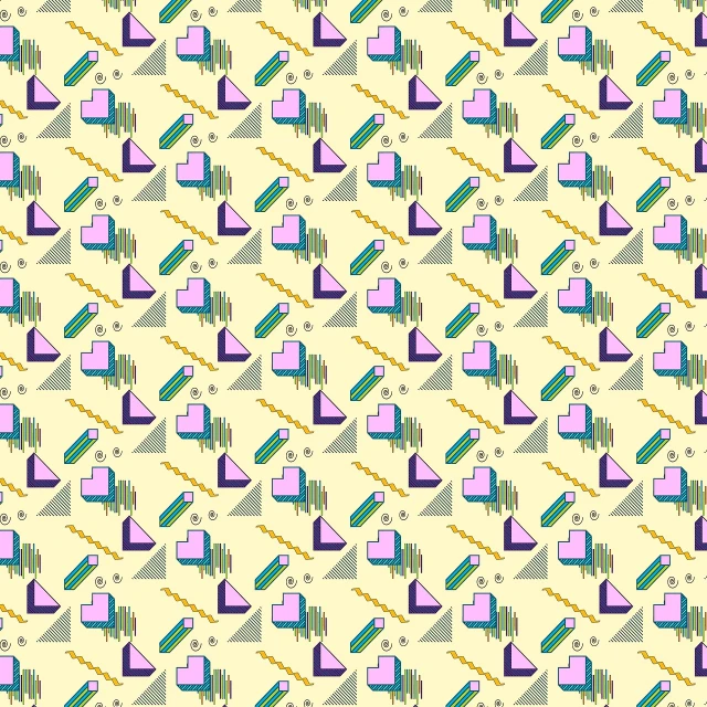 a pattern of geometric shapes on a yellow background, tumblr, with a bunch of stuff, spritesheet, gold green and purple colors”, delorean background
