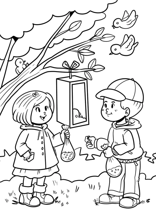 a boy and a girl standing in front of a tree, by Martina Krupičková, is looking at a bird, coloring book page, with an easter basket, nice weather