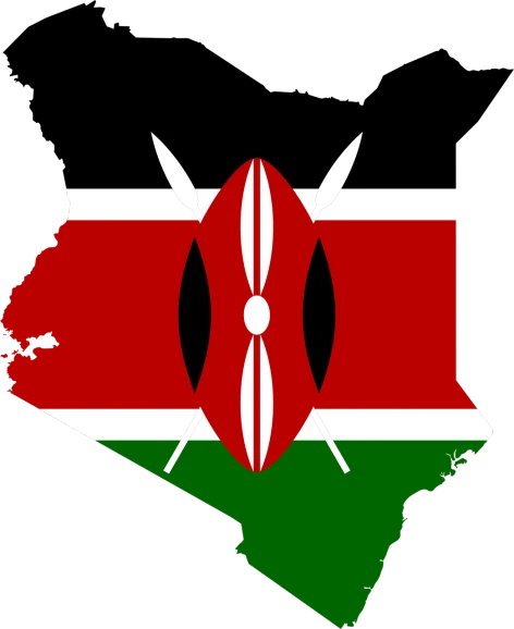 the flag of kenya in the shape of a map, hurufiyya, on a flat color black background, artist unknown, cut, a dream