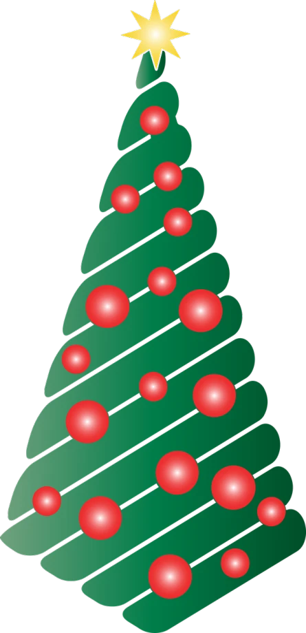 a christmas tree with red balls and a star on top, sōsaku hanga, striped, free, it\'s name is greeny, cad