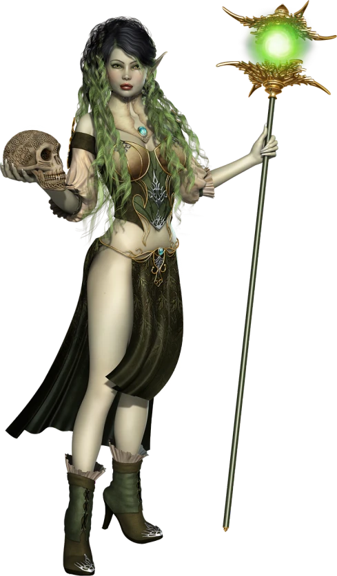 a woman with green hair holding a skull and a staff, a digital rendering, inspired by senior character artist, fantasy art, venus godness athena, full body and head view, priestess in a conical hat, modeled in poser