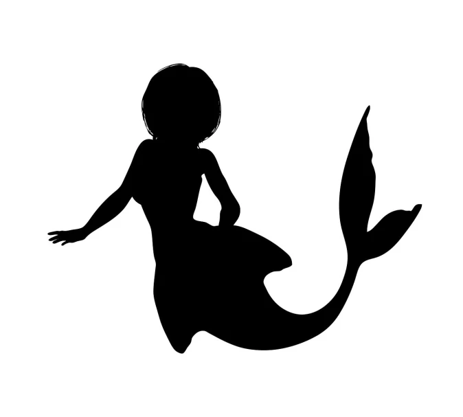 a black and white silhouette of a mermaid, female anime character, tail slightly wavy, little kid, high angle view
