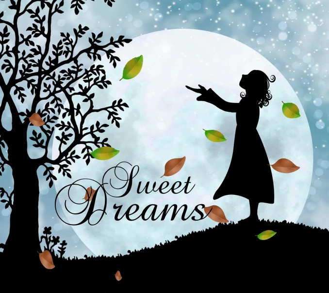 a girl throwing leaves in the air in front of a full moon, a storybook illustration, by Gwen Barnard, pixabay, digital art, sweet dreams, music album cover, sweets, with text