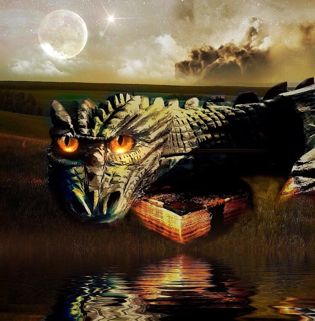 a close up of a dragon near a body of water, pixabay contest winner, digital art, night fury, with reflection and textures, reading, robot dragon head