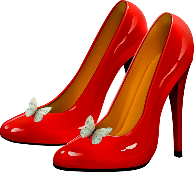 a pair of red high heels with butterflies on them, an illustration of, by Zoran Mušič, pixabay, beautiful female dorothy gale, broadway, icon, of a beautiful