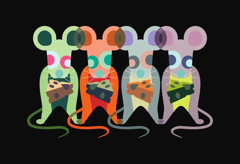 a group of mice standing next to each other, an illustration of, inspired by Milton Glaser, conceptual art, colorful palette illustration, eating, on black background, spot illustration