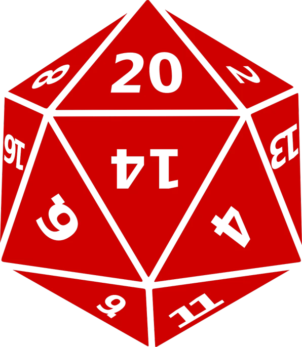 a red d20 dice with numbers on it, by Ivan Meštrović, black and red only!!!, with huge rpg, ( ( dithered ) ), 2 0