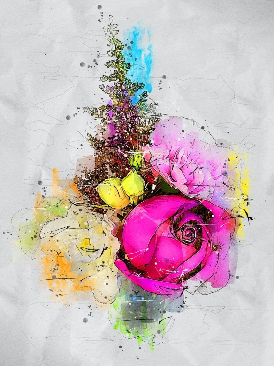 a painting of a bunch of flowers in a vase, a digital painting, by Zahari Zograf, process art, splashes of colors, abstract smokey roses, on a gray background, paper collage art