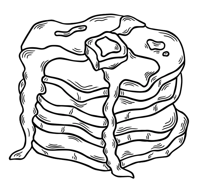 a stack of pancakes sitting on top of each other, an ink drawing, by Jesse Richards, computer art, thick black lineart, muscle tissue, coloring book page, on black background