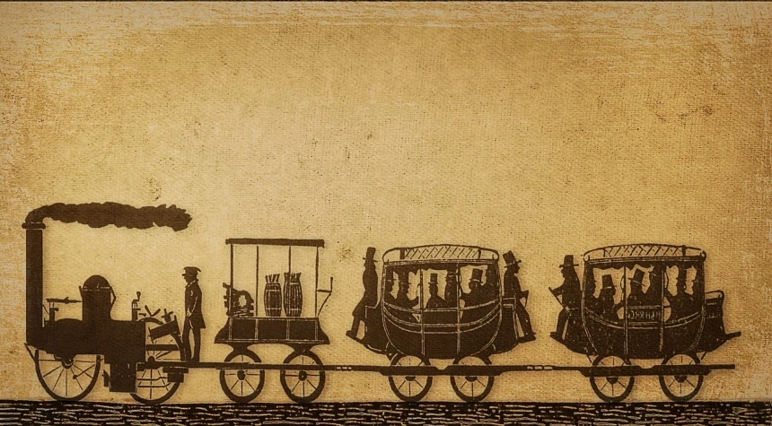 a group of people riding on top of a train, a woodcut, by Artur Tarnowski, trending on pixabay, folk art, steampunk!!!! grainy texture, made in 1800's, cars, coffee