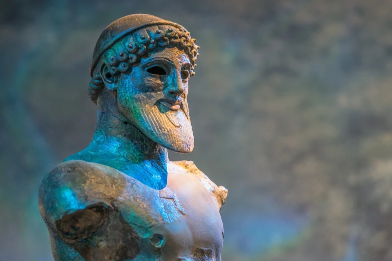 a statue of a man with a beard, a statue, inspired by Exekias, shutterstock, fine art, details and vivid colors, turquoise blue face, preserved museum piece, portrait of a male hydromancer