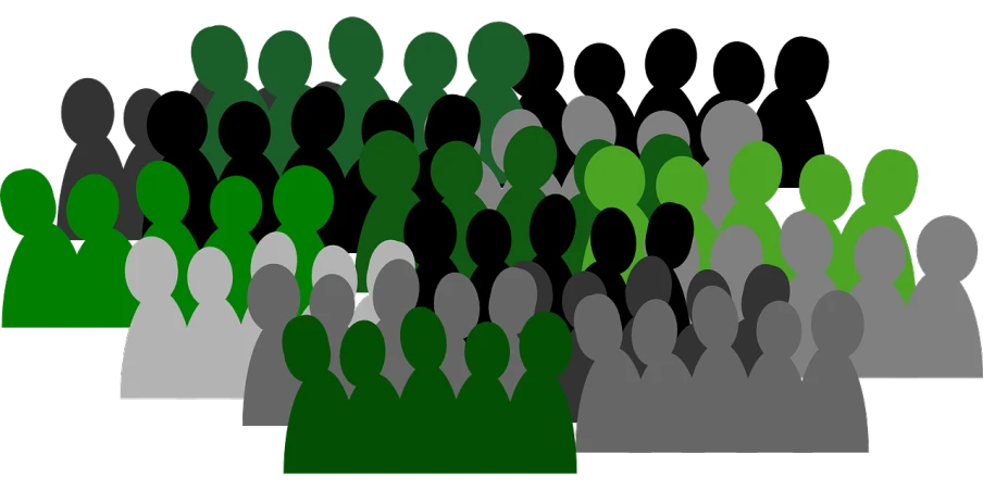 a group of people standing next to each other, by Tom Carapic, trending on pixabay, digital art, green and black color scheme, audience, breeding, wikimedia commons