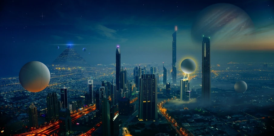 an image of a futuristic city at night, cg society contest winner, digital art, planet with rings, photo of futuristic cityscape, ancient yet futuristic, near future 2 0 3 0