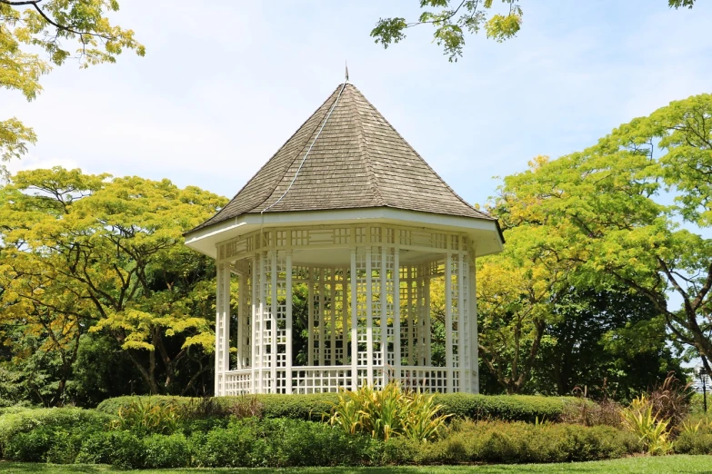 a gazebo sitting in the middle of a lush green park, by senior artist, shutterstock, art nouveau, singapore, fine simple delicate structure, minimalist structure, marketing photo