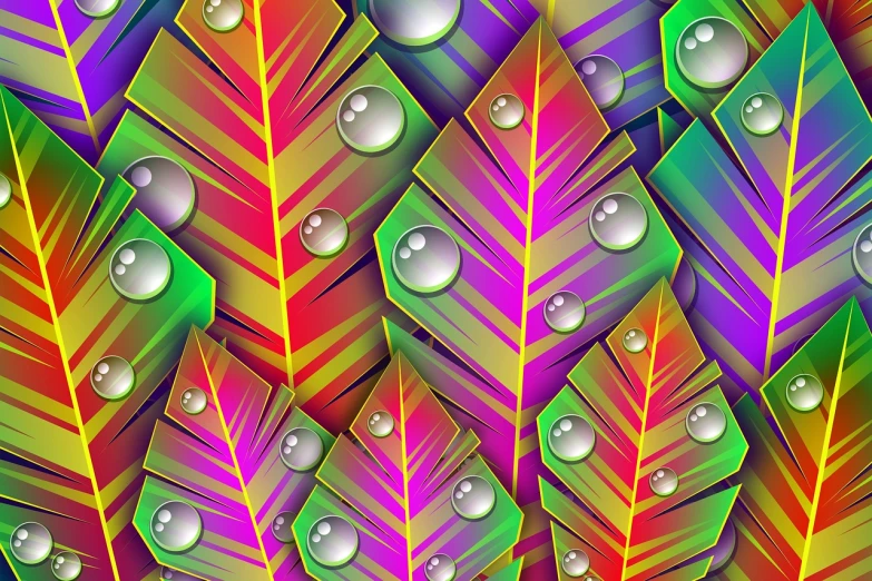 a bunch of colorful leaves with water drops on them, by Marie Bashkirtseff, abstract art, patterned background, with gradients, palm, colorful picture
