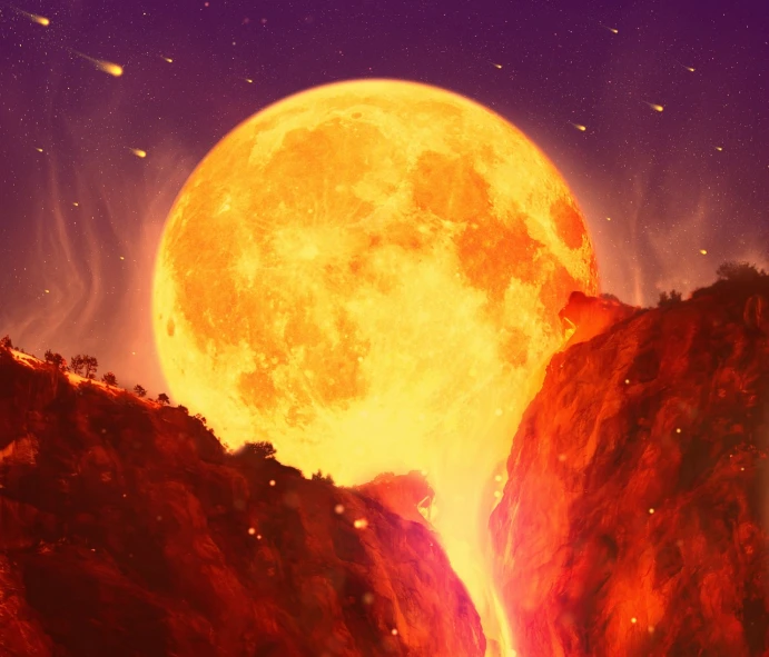 an image of a full moon rising over a mountain, concept art, inspired by Cyril Rolando, fantasy art, fiery atmosphere, closeup shot, yellowish full moon, nebula waterfalls