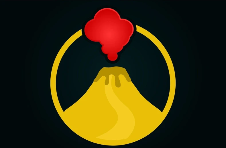 a volcano with a red cloud coming out of it, vector art, sumatraism, yellow, simple magic ring of poison, japanese onsen, on simple background
