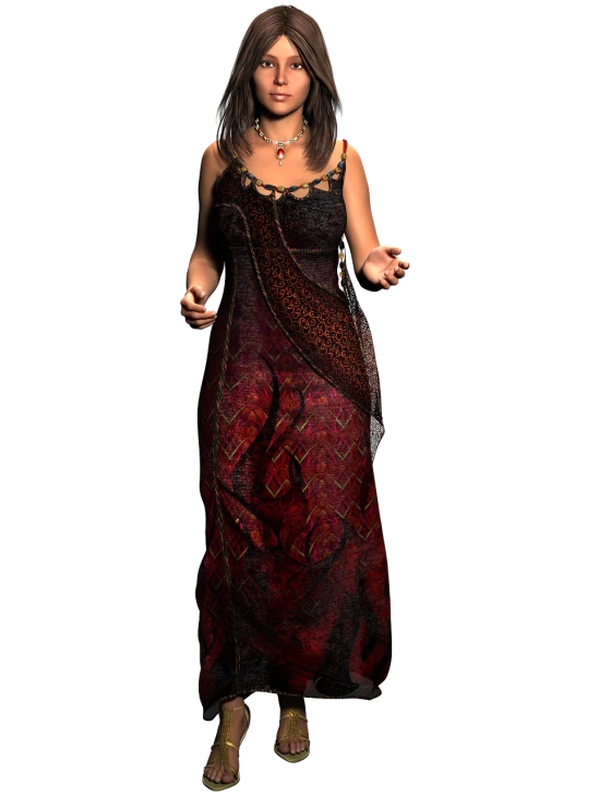 a woman in a long dress holding a cigarette, a digital rendering, inspired by Judith Gutierrez, cg society contest winner, renaissance, hdr fabric textures, tribal red atmosphere, 3 d demo reel avatar, !!highly detailed