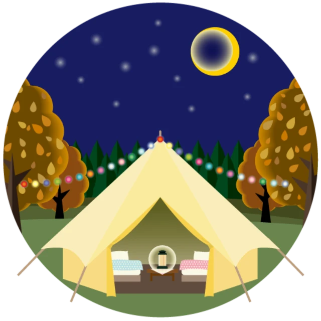 a tent set up in the middle of a field, a digital rendering, by Adam Manyoki, pixabay, naive art, yellowish full moon, game icon, glamping, autumn night