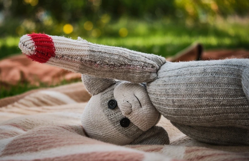 a stuffed animal laying on top of a blanket, a picture, inspired by Sarah Lucas, trending on pixabay, figuration libre, at a park, socks, flirting, rabbit robot