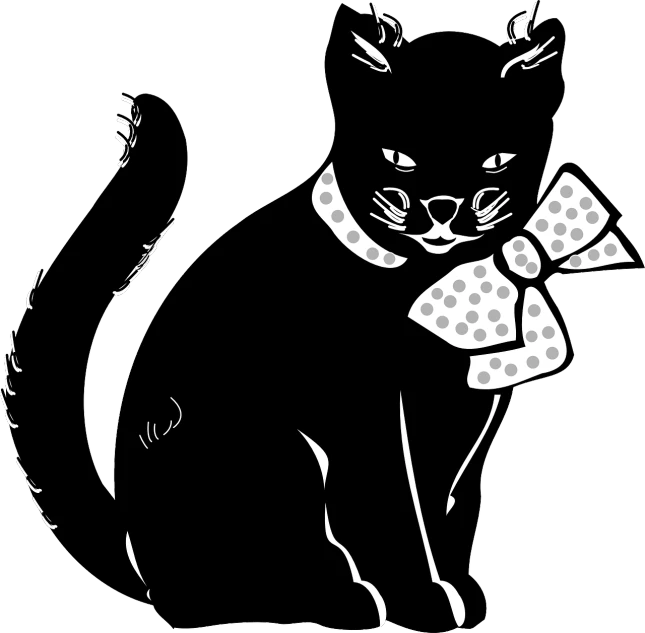 a black cat with a polka dot bow tie, vector art, pixabay, beautiful high contrast woodcut, ornamental bow, 1950s illustration style, illustration