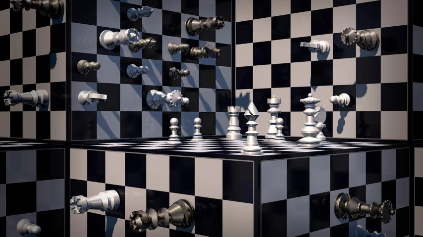 a group of chess pieces sitting on top of a chess board, a raytraced image, by Jan Kupecký, shutterstock, precisionism, avantgarde 4k wallpaper, checkered floor, advertising photo