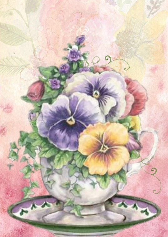 a painting of flowers in a teacup on a saucer, cg society contest winner, art nouveau, pastel flowery background, graphic 4 5, violet, banner
