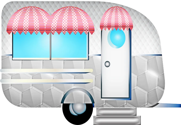 a white trailer with a red and white awning, a digital rendering, inspired by Herbert Bayer, pixabay contest winner, pop art, bubblegum, ancient interior tent background, shiny silver, mobile game asset