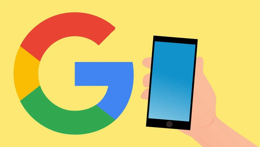 a hand holding a smart phone in front of a google logo, a digital rendering, by Android Jones, shutterstock, modernism, shaded flat illustration, official modern animation, trending on pixart”, blue
