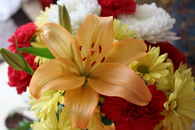 a close up of a vase of flowers on a table, light orange values, lily, carnation, middle close up shot