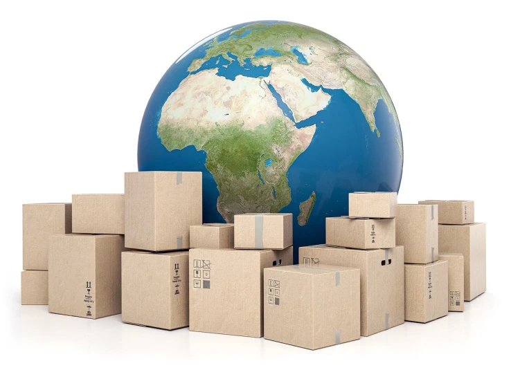 a globe surrounded by cardboard boxes on a white surface, a stock photo, by Kurt Roesch, shutterstock, commercial illustration, in warehouse, very detailed picture, albuquerque