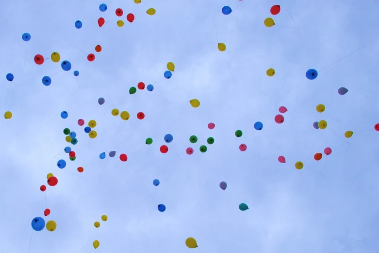 a bunch of balloons flying in the sky, a photo, by Steven Belledin, taken in the late 2000s, floating sigils, wikimedia commons, canopy