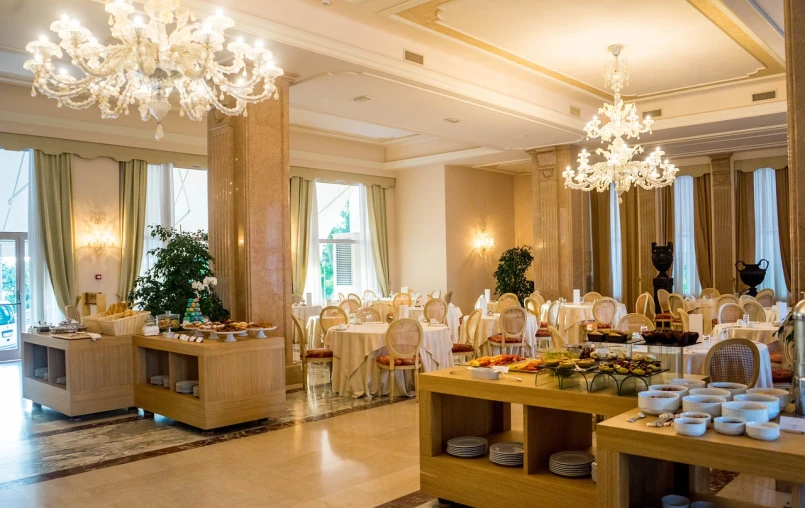 a dining room filled with lots of tables and chairs, by Alexander Bogen, shutterstock, breakfast buffet, agrigento, luxurious wedding, 💣 💥