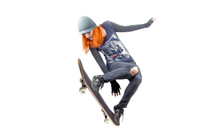 a man flying through the air while riding a skateboard, a picture, trending on pixabay, red haired girl, wearing a dark shirt and jeans, on a white background, punk woman