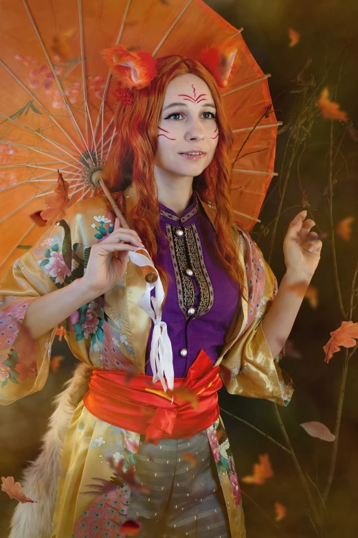 a woman in a kimono is holding an umbrella, a portrait, inspired by Keisai Eisen, flickr, art nouveau, triss merigold cosplay, annie from league of legends, autum, in costume