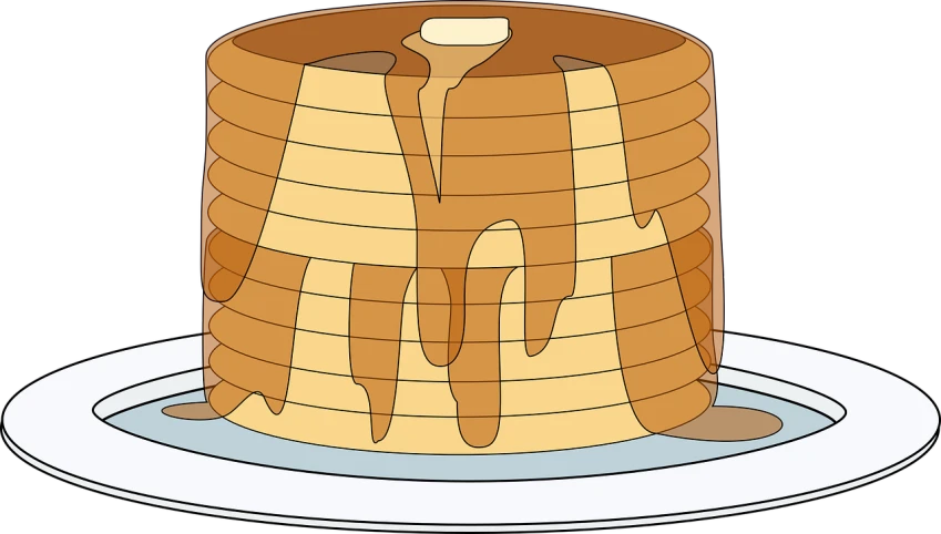 a stack of pancakes with syrup on a plate, a digital rendering, computer art, colored lineart, sliced bread in slots, the background is black, stroopwaffel