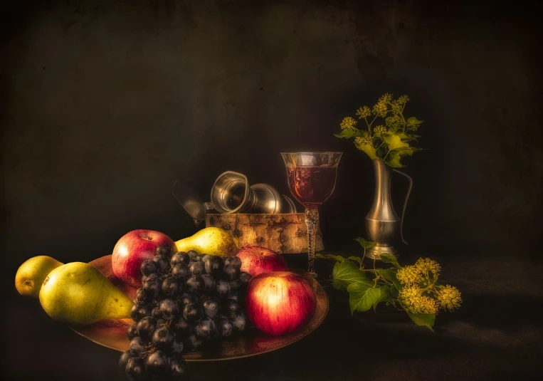 a close up of a plate of fruit on a table, a still life, inspired by Adriaen van Ostade, shutterstock contest winner, tonalism, red wine, still life with flowers, intricate detail realism hdr, awesome greate composition