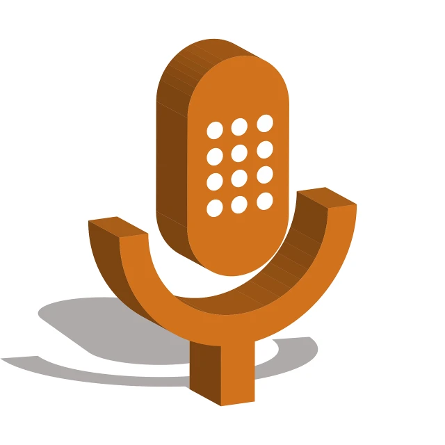 a brown microphone sitting on top of a wooden stand, a cartoon, figuration libre, corporate phone app icon, studio orange, overhead view, dialogue