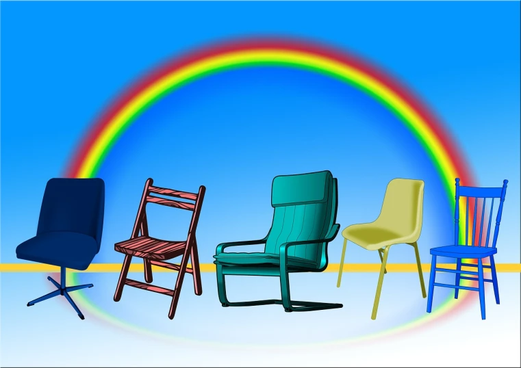 a row of chairs with a rainbow in the background, an illustration of, by Elias Ravanetti, trending on pixabay, conceptual art, furniture overturned, various items, men, still of rainbow ophanim