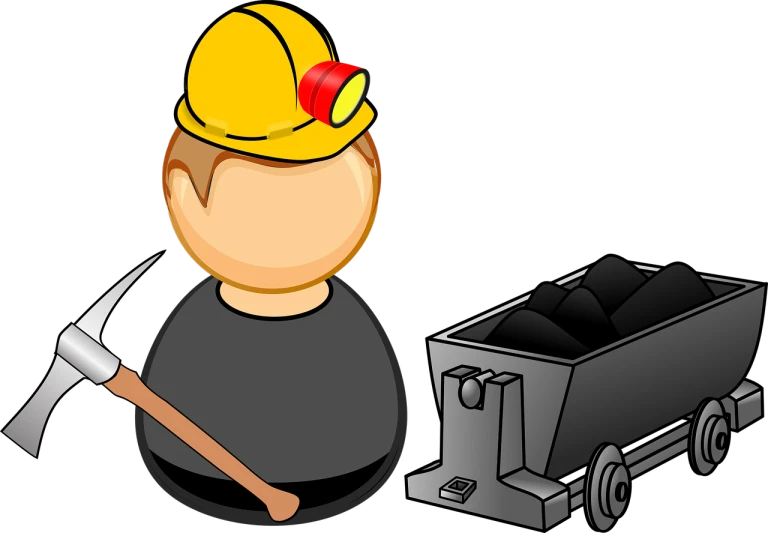 a man with a pick axe next to a coal cart, a digital rendering, trending on pixabay, hard hat, cartoonish vector style, underground facility, head and shoulder shot