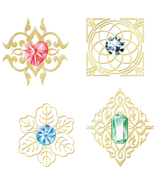 a set of four different colored brooches on a black background, concept art, inspired by Katsushika Ōi, deviantart, art nouveau, diamond texture, 3 d ornate carved water heart, gold ornaments, year 2447