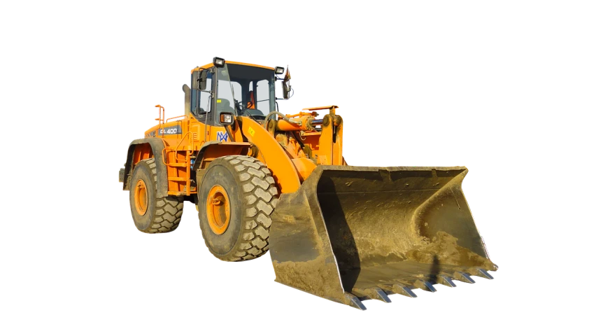 a front end loader on a black background, by Richard Carline, orange minerals, h 640, leaf, album photo