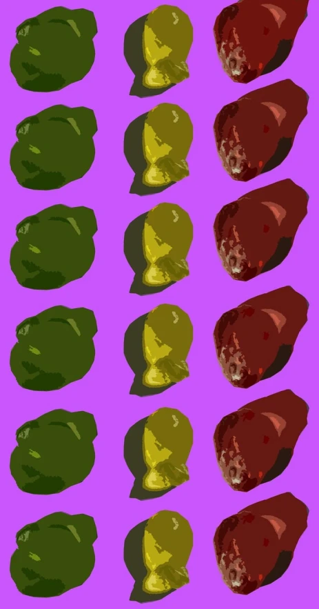 a bunch of different colored glasses on a purple background, a digital rendering, inspired by Warhol, pop art, avocados, here is one olive, warm colors--seed 1242253951, meat texture