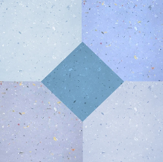 a blue square sitting on top of a floor covered in confetti, inspired by Charles Hinman, conceptual art, seamless texture, diamond, morandi, marble floor