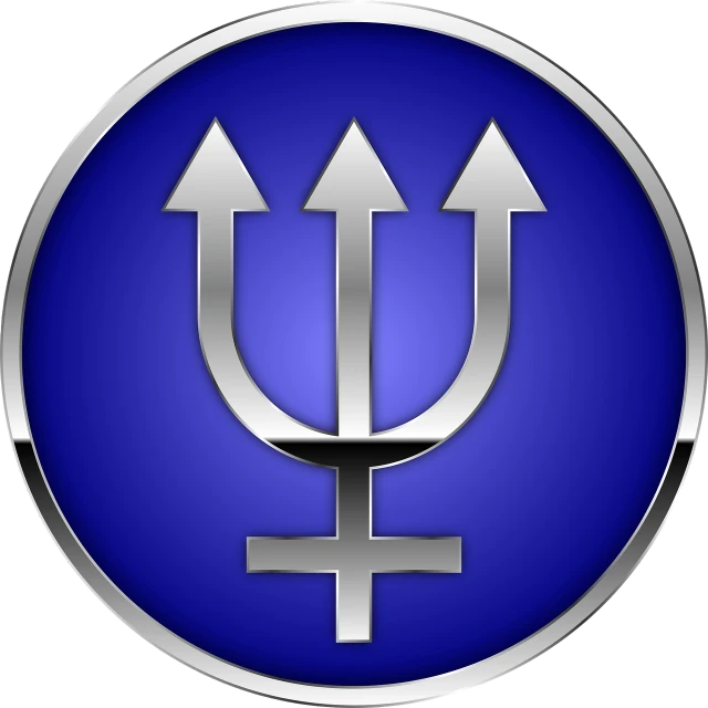 a blue button with a silver symbol on it, a portrait, pixabay, purism, holding trident, hr giger muscles, !5 three eyed goddesses, wikipedia