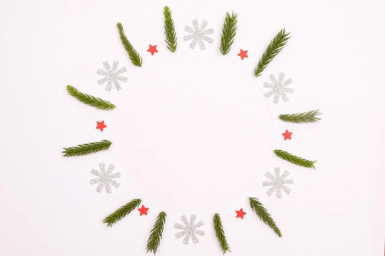 a christmas wreath made of pine branches and snowflakes, a photo, minimalist composition, product introduction photo, istockphoto, bottom - view