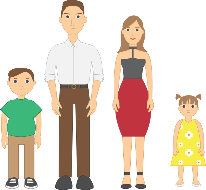 a family of four standing next to each other, a cartoon, pixabay, life cycle, official modern animation, mid body portrait, full colored